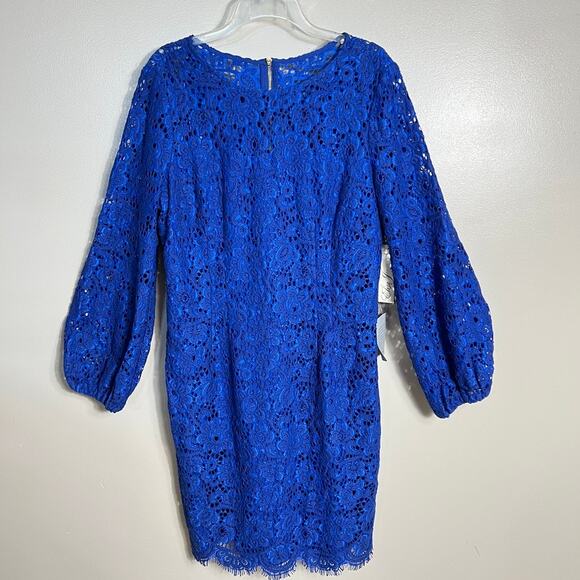NWT Long Sleeve Lace Sheath Dress Blue Cocktail Wedding Guest Mother Of Size 16 - Picture 2 of 7